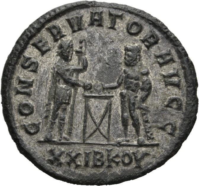 RIC V Diocletian 580 Maximian reverse, Maximian, draped, cuirassed, standing, holding sceptre in right hand, facing Hercul...