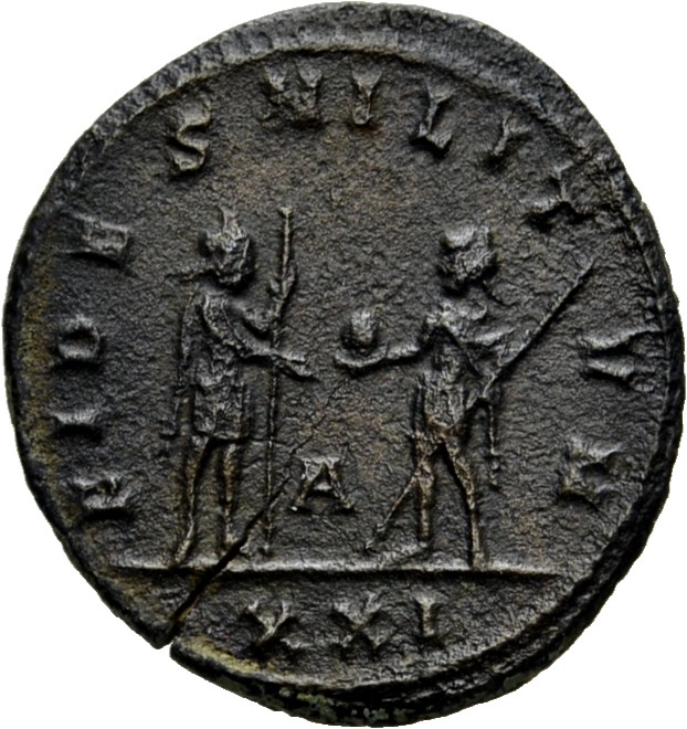 RIC V Diocletian 583 Maximian reverse, Maximian, draped, cuirassed, receiving globe from Diocletian, standing left, holdin...