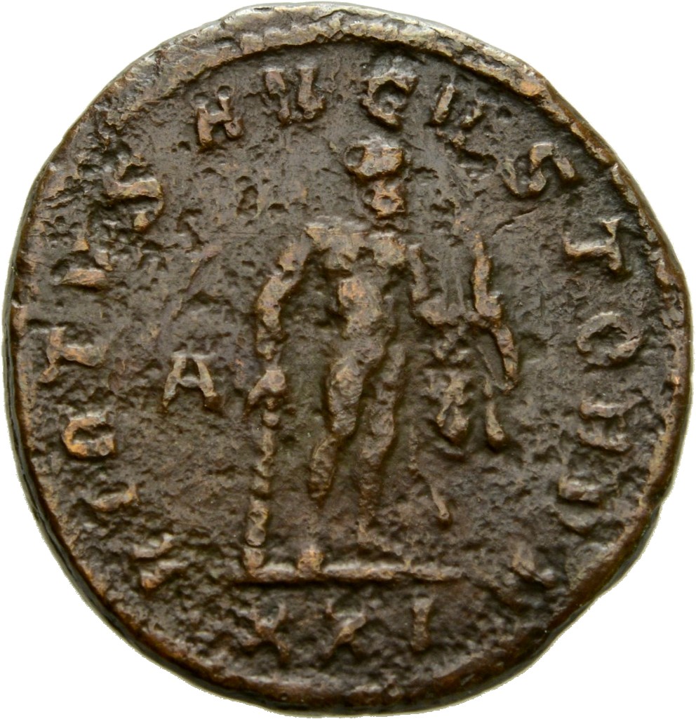 RIC V Diocletian 591 Maximian reverse, Hercules, standing right, holding club in right hand and bow and lion's skin in lef...