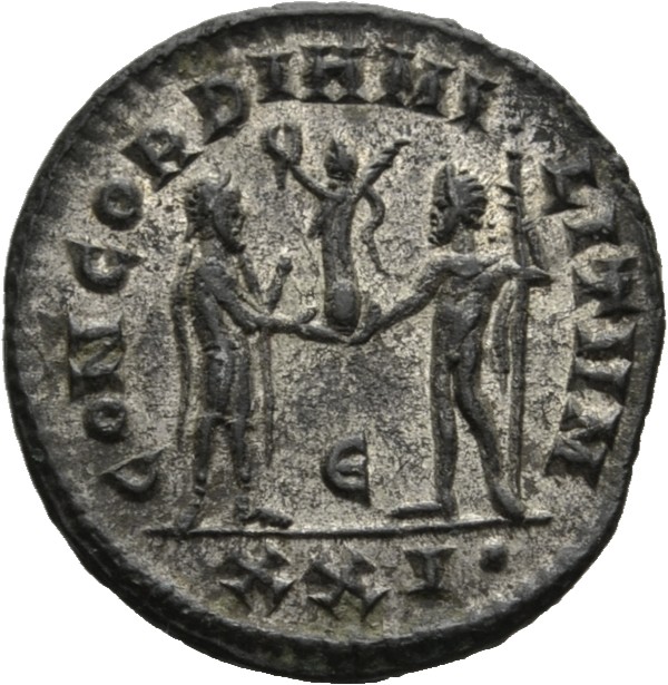 RIC V Diocletian 595 Diocletian reverse, Maximian, draped, cuirassed, standing right, holding parazonium in right hand and...