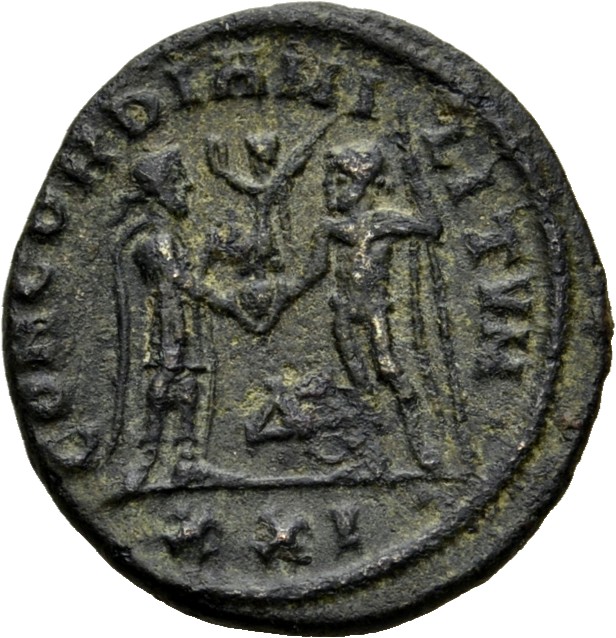 RIC V Diocletian 595 Diocletian reverse — Maximian, draped, cuirassed, standing right, holding parazonium in right hand an...