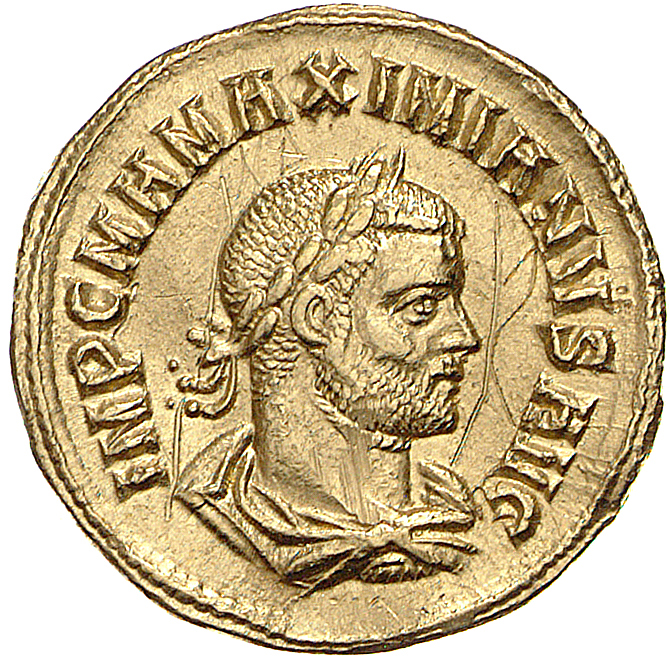 RIC V Diocletian 605 Diocletian obverse, Bust of Maximian, laureate, draped, right, or bust of Maximian, laureate, draped,...