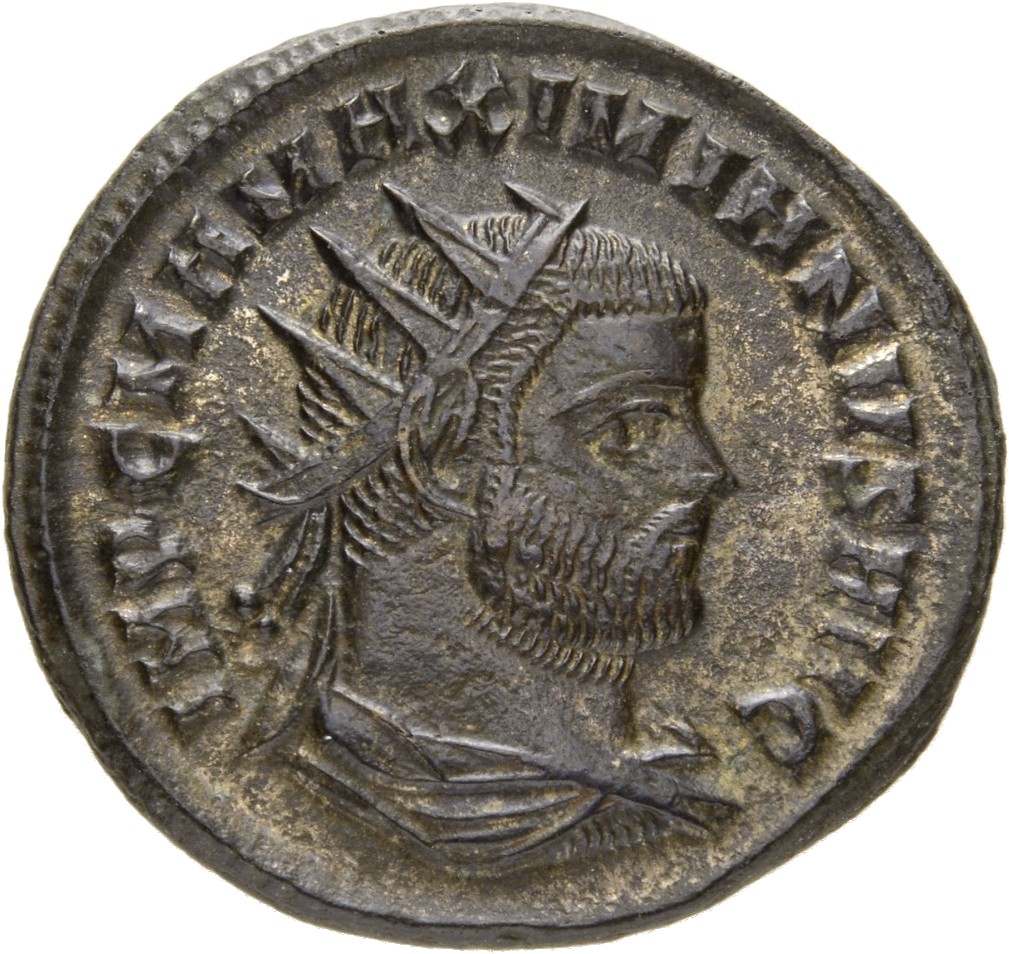 RIC V Diocletian 607 Diocletian obverse, Bust of Maximian, radiate, draped, right; beneath bust, sometimes dot