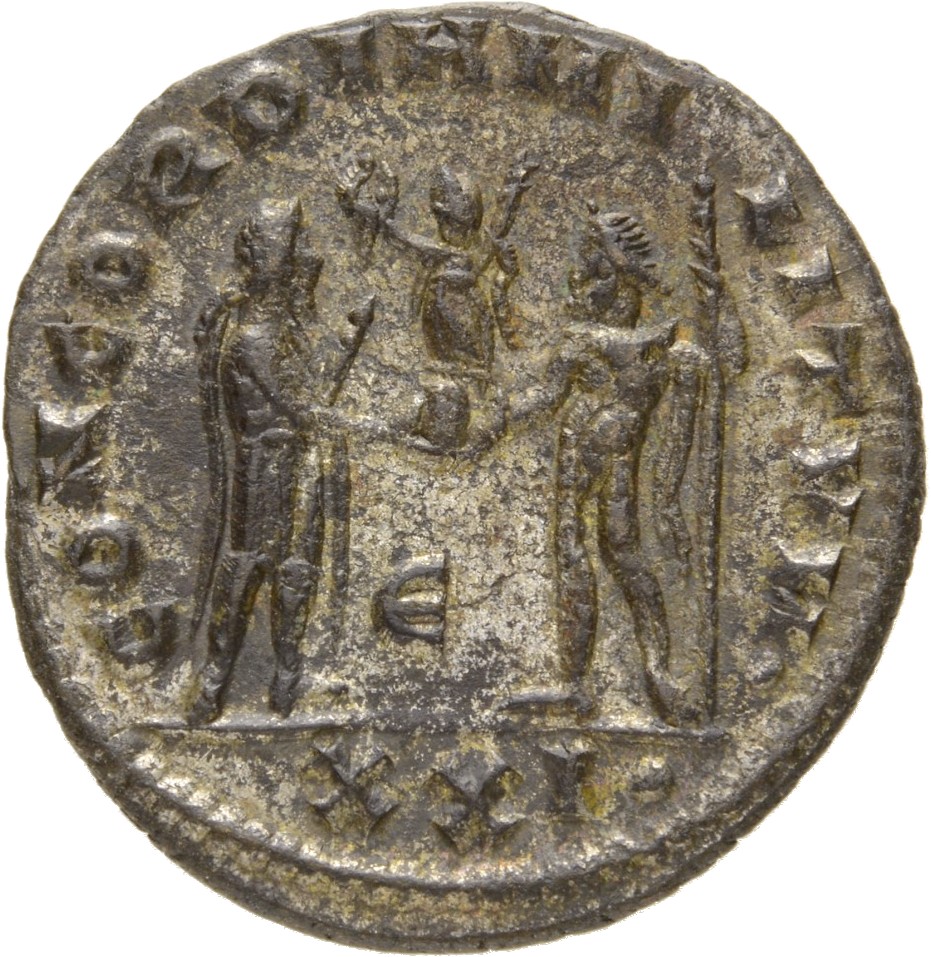 RIC V Diocletian 607 Diocletian reverse, Maximian, draped, cuirassed, standing right, holding parazonium in right hand and...