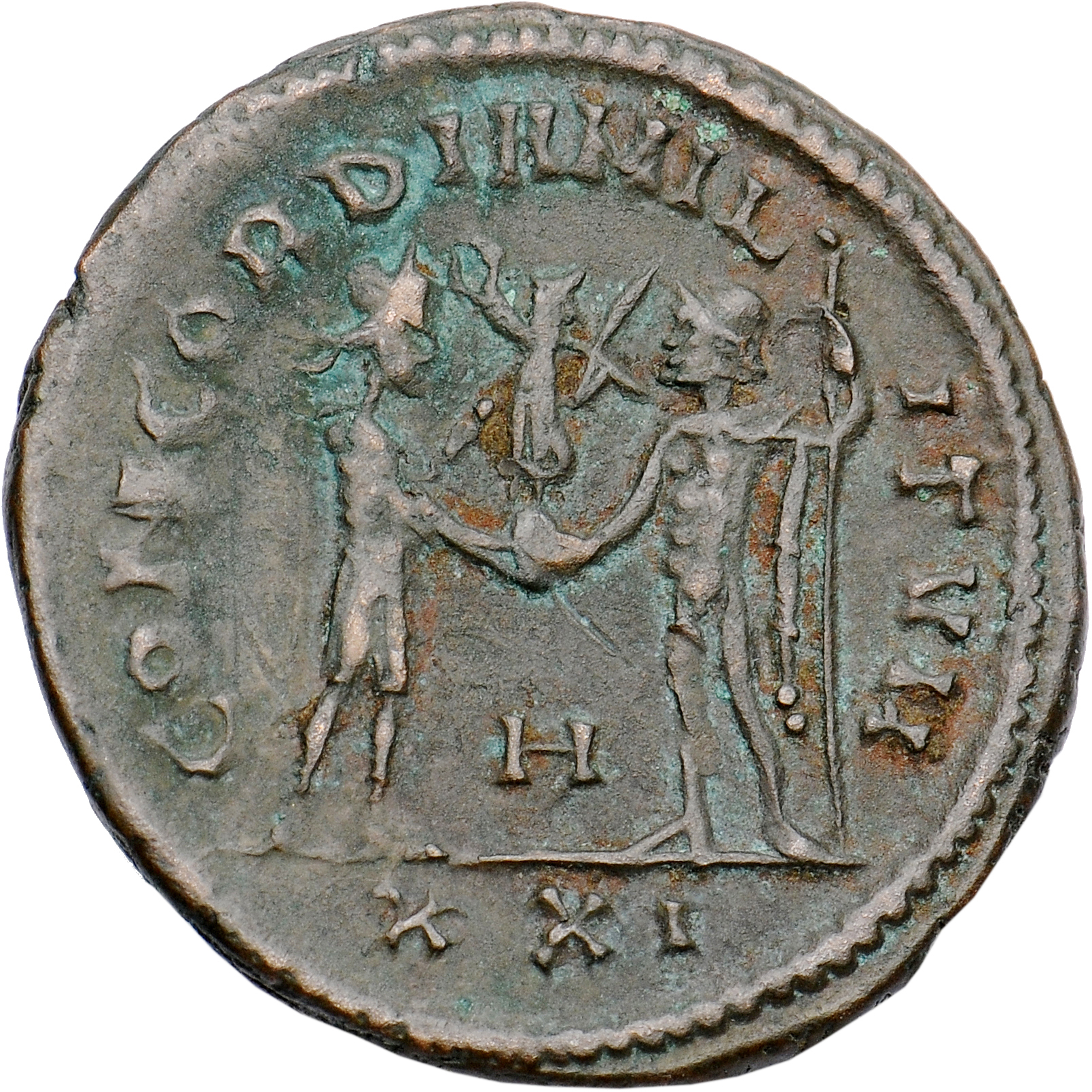 RIC V Diocletian 621 Diocletian reverse, Maximian, draped, cuirassed, standing right, holding sceptre in right hand and re...