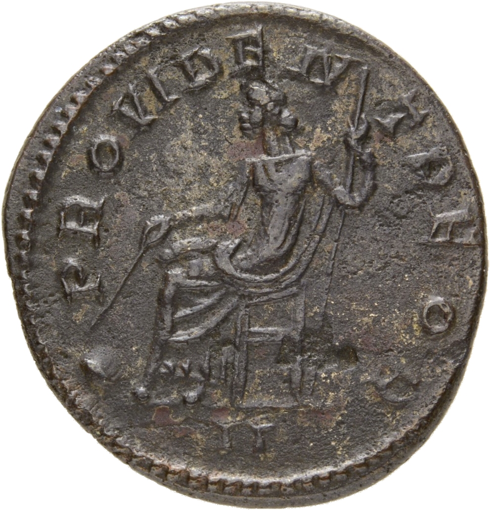RIC V Diocletian 636 Maximian reverse, Providentia, draped, seated left, holding baton in right hand and sceptre in left h...
