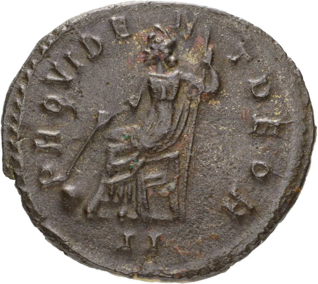 RIC V Diocletian 636 Maximian reverse, Providentia, draped, seated left, holding baton in right hand and sceptre in left h...