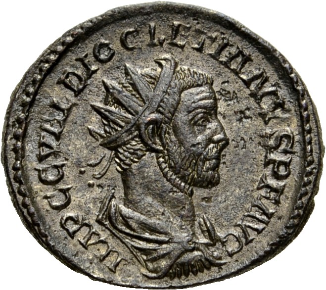 RIC V Diocletian 91 Maximian obverse, Bust of Diocletian, radiate, draped, right, or bust of Diocletian, radiate, draped, ...