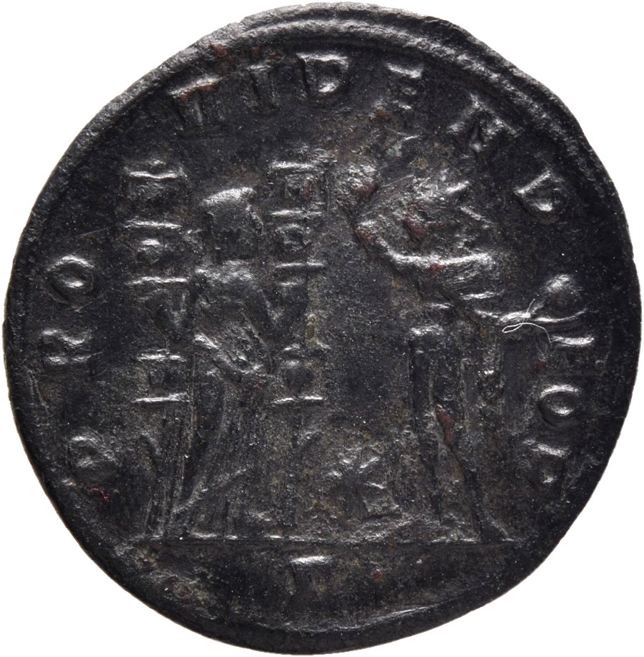 RIC V Florian 110 Florianus reverse, Providentia, draped, standing right, holding ensign in each hand, facing Sol, standin...