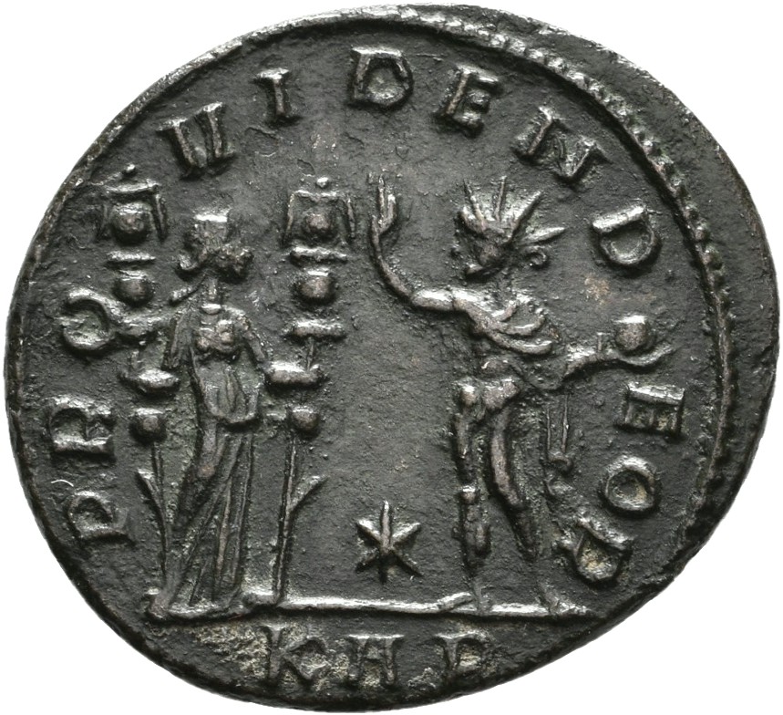 RIC V Florian 111 Florianus reverse — Providentia, draped, standing right, holding ensign in each hand, facing Sol, standi...