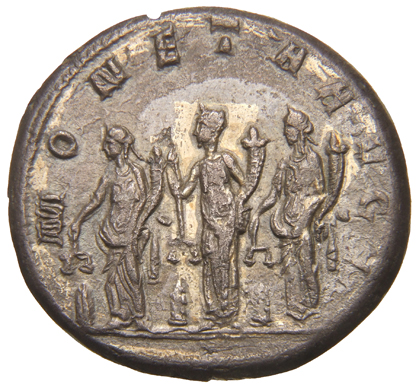 RIC V Gallienus (joint reign) 113 Valerian reverse, Tres Monetae, draped, standing, each holding scales in right hand and ...