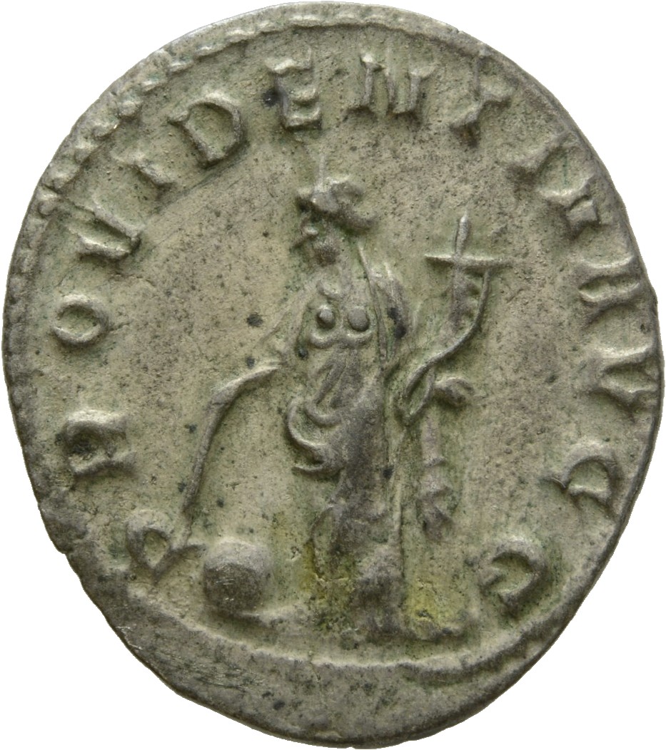 RIC V Gallienus (joint reign) 158a Valerian reverse, Providentia, draped, standing left, holding baton in right hand and c...