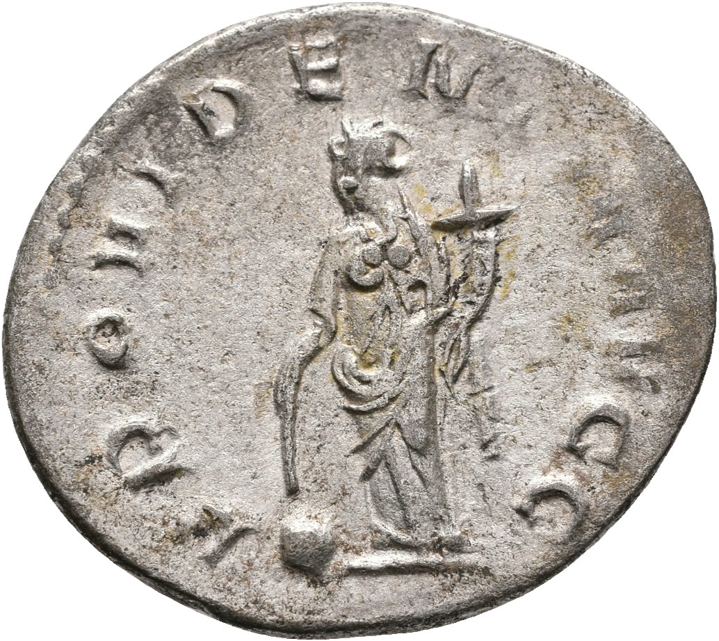 RIC V Gallienus (joint reign) 158f Valerian reverse, Providentia, draped, standing left, holding baton in right hand and c...