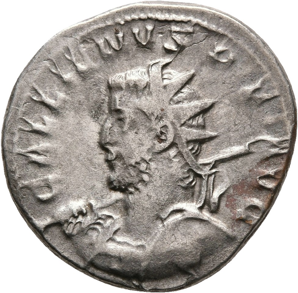 RIC V Gallienus (joint reign) 18(a) Valerian obverse — Bust of Gallienus, radiate, cuirassed, left, holding spear in right...