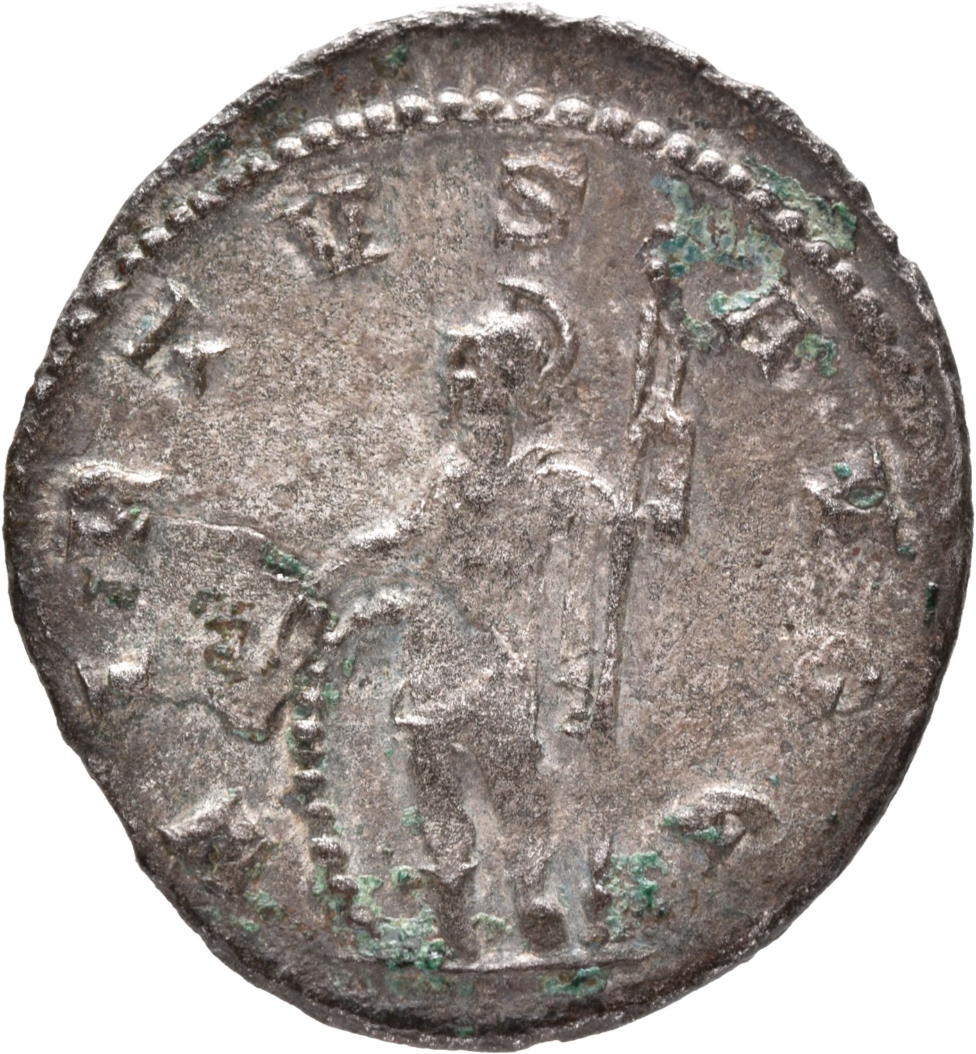 RIC V Gallienus (joint reign) 181 Valerian reverse, Soldier, helmeted, in military attire, standing left, resting on shiel...