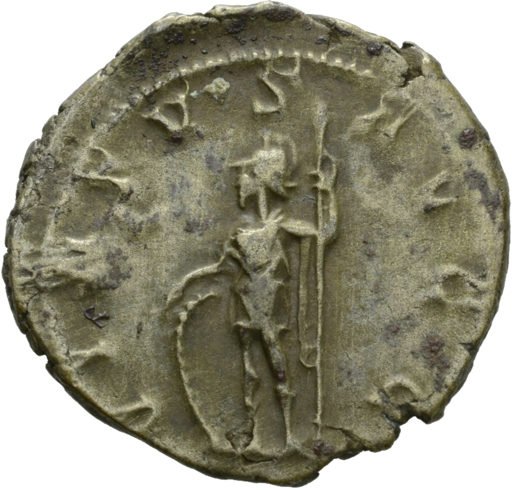 RIC V Gallienus (joint reign) 181f Valerian reverse, Soldier, helmeted, in military attire, standing left, resting on shie...