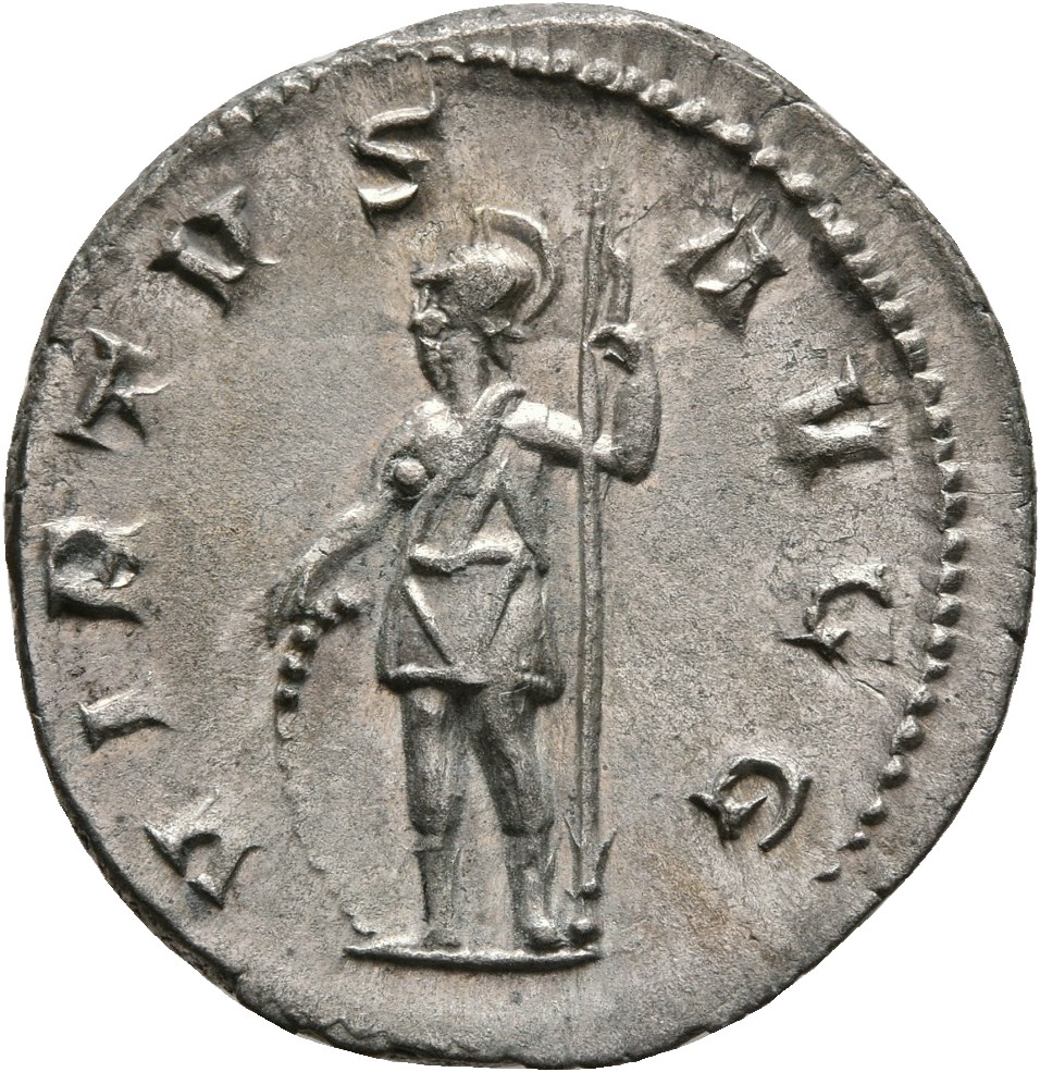 RIC V Gallienus (joint reign) 181f Valerian reverse — Soldier, helmeted, in military attire, standing left, resting on shi...