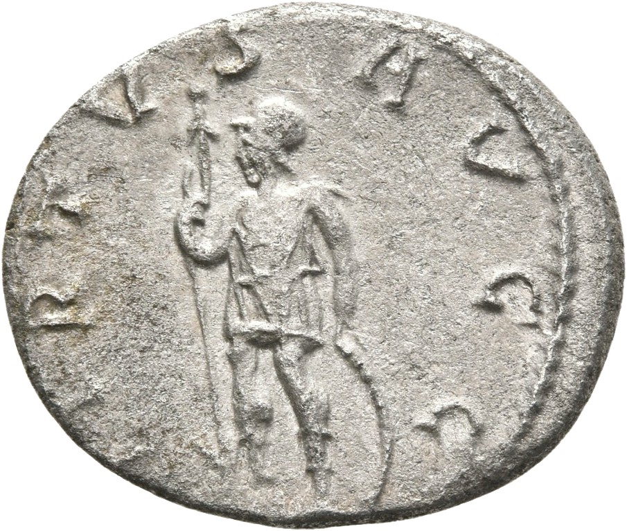 RIC V Gallienus (joint reign) 182 Valerian reverse, Soldier, helmeted, in military attire, standing left, resting on shiel...