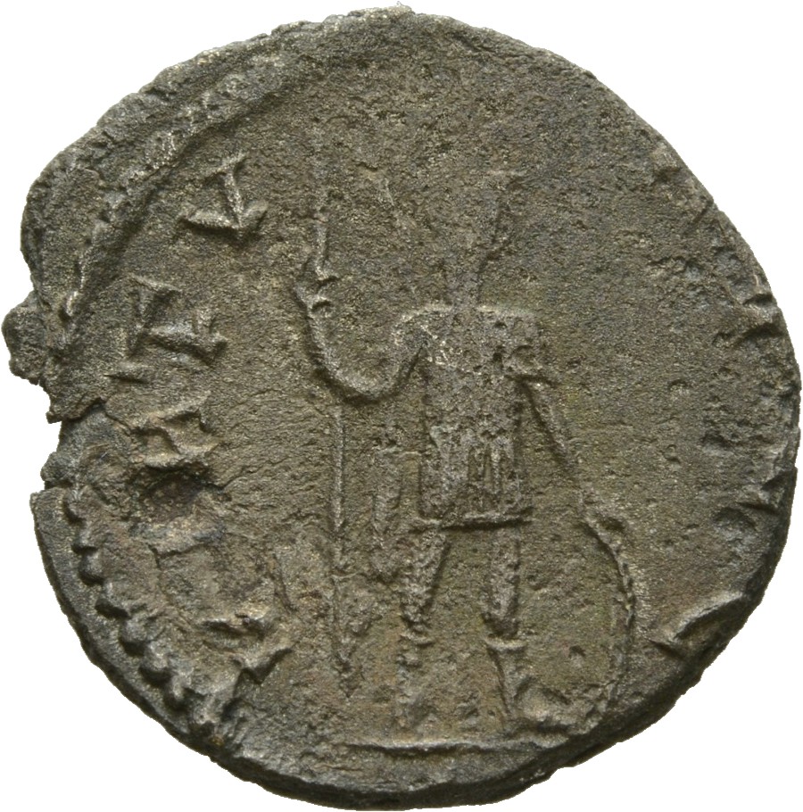 RIC V Gallienus (joint reign) 183 Valerian reverse, Soldier, helmeted, in military attire, standing left, resting on shiel...