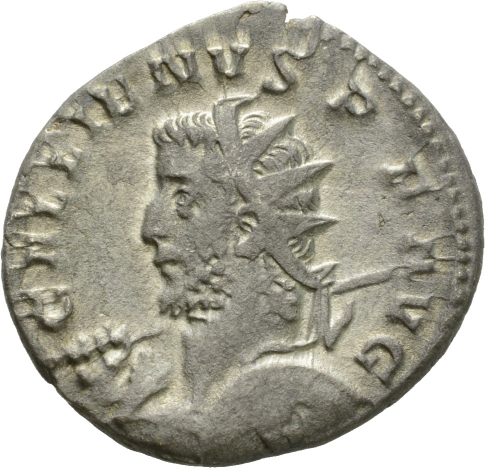 RIC V Gallienus (joint reign) 23(a) Valerian obverse, Bust of Gallienus, radiate, cuirassed, left, holding spear in right ...