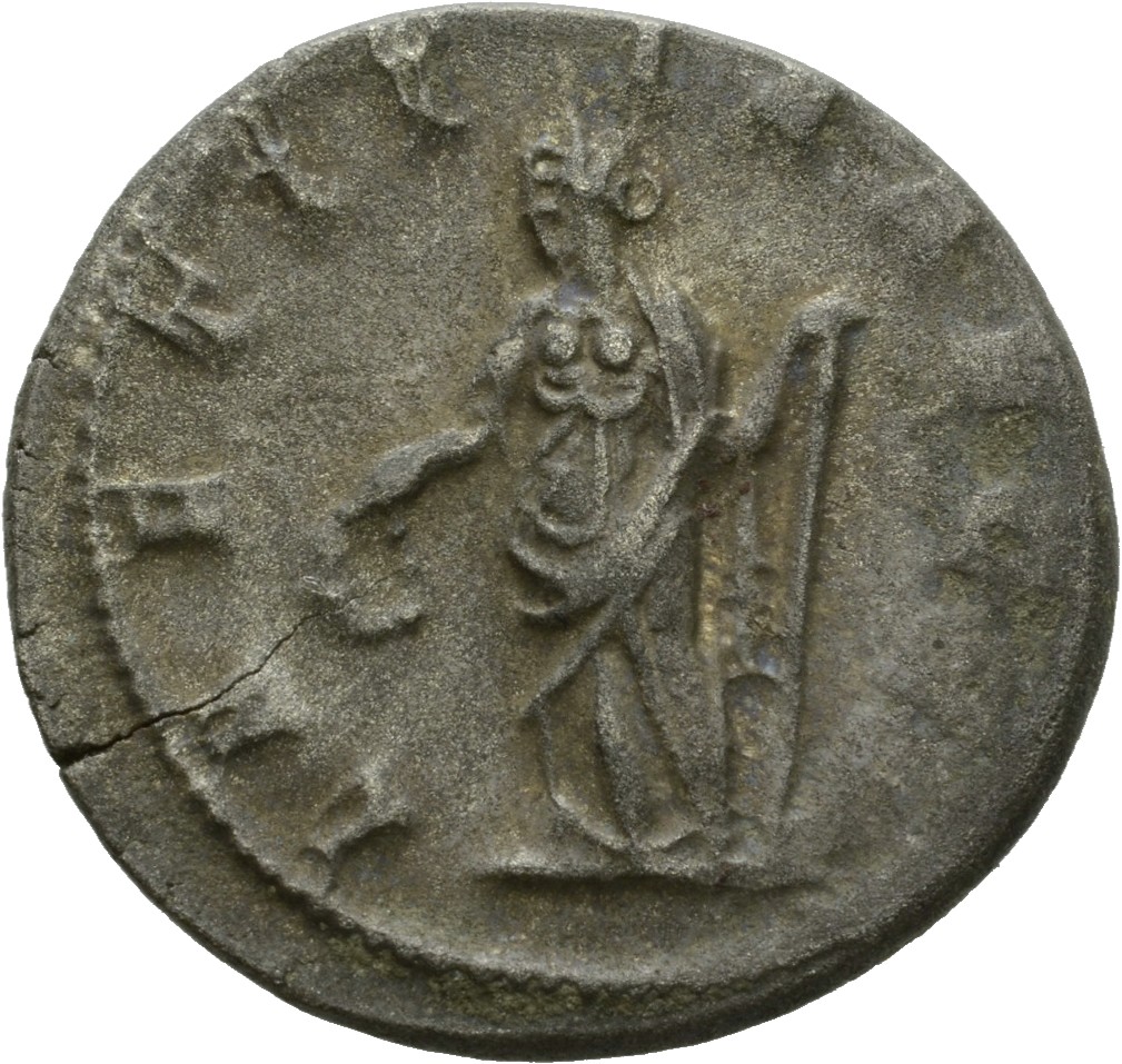 RIC V Gallienus (joint reign) 293 Valerian reverse, Laetitia, draped, standing left, holding wreath in right hand and anch...