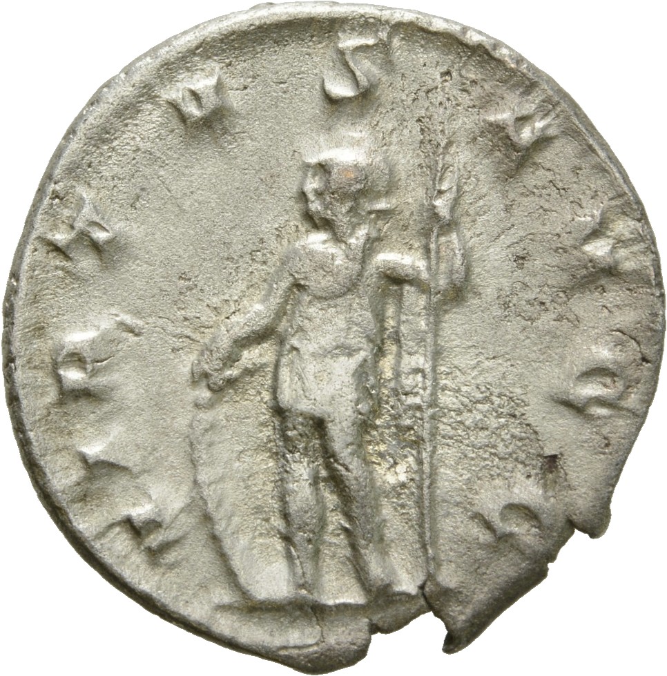 RIC V Gallienus (joint reign) 301 Valerian reverse, Soldier, helmeted, in military attire, standing left, resting right ha...