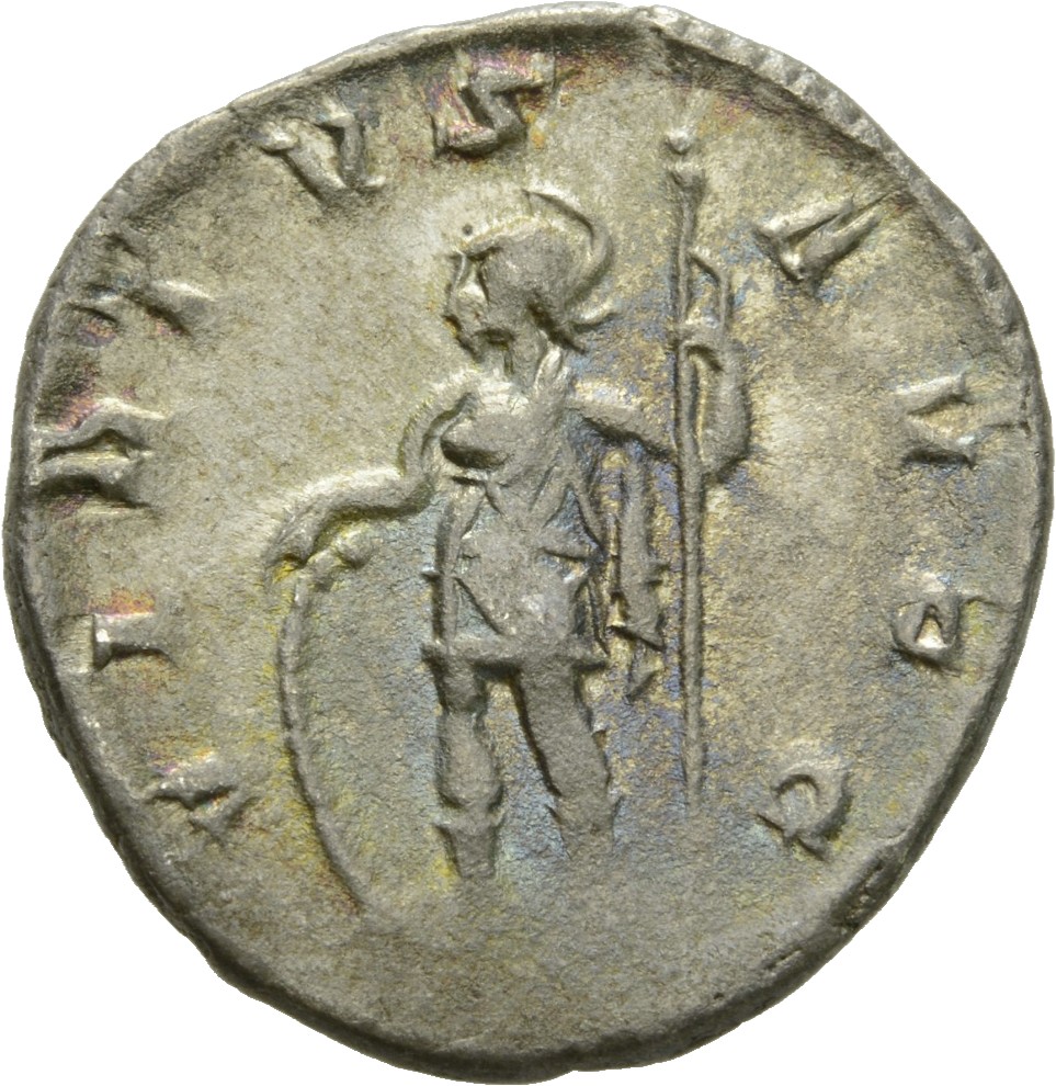 RIC V Gallienus (joint reign) 301 Valerian reverse — Soldier, helmeted, in military attire, standing left, resting right h...