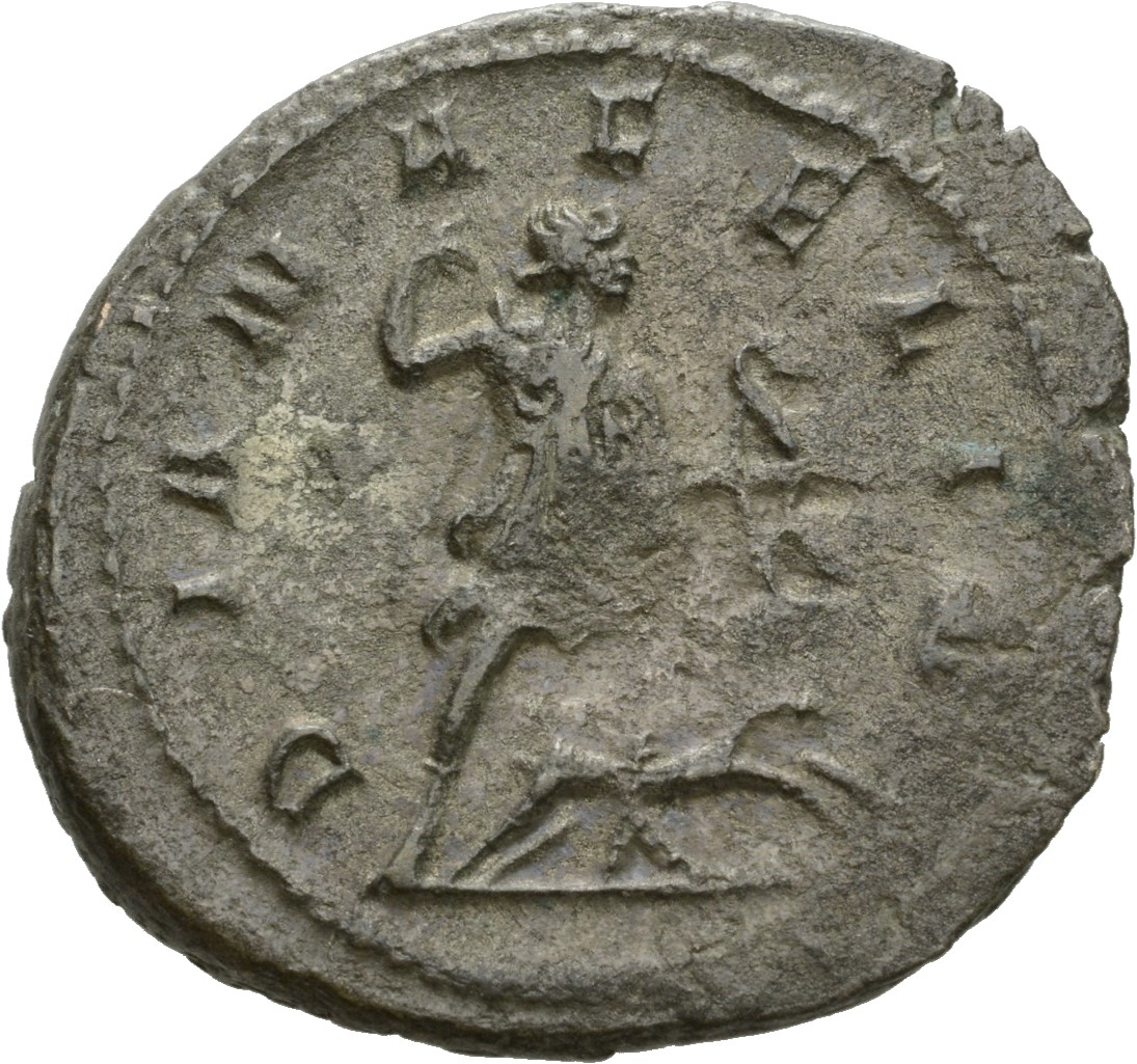 RIC V Gallienus (joint reign) 380f Valerian reverse, Diana, draped, walking right, drawing arrow with right hand and holdi...