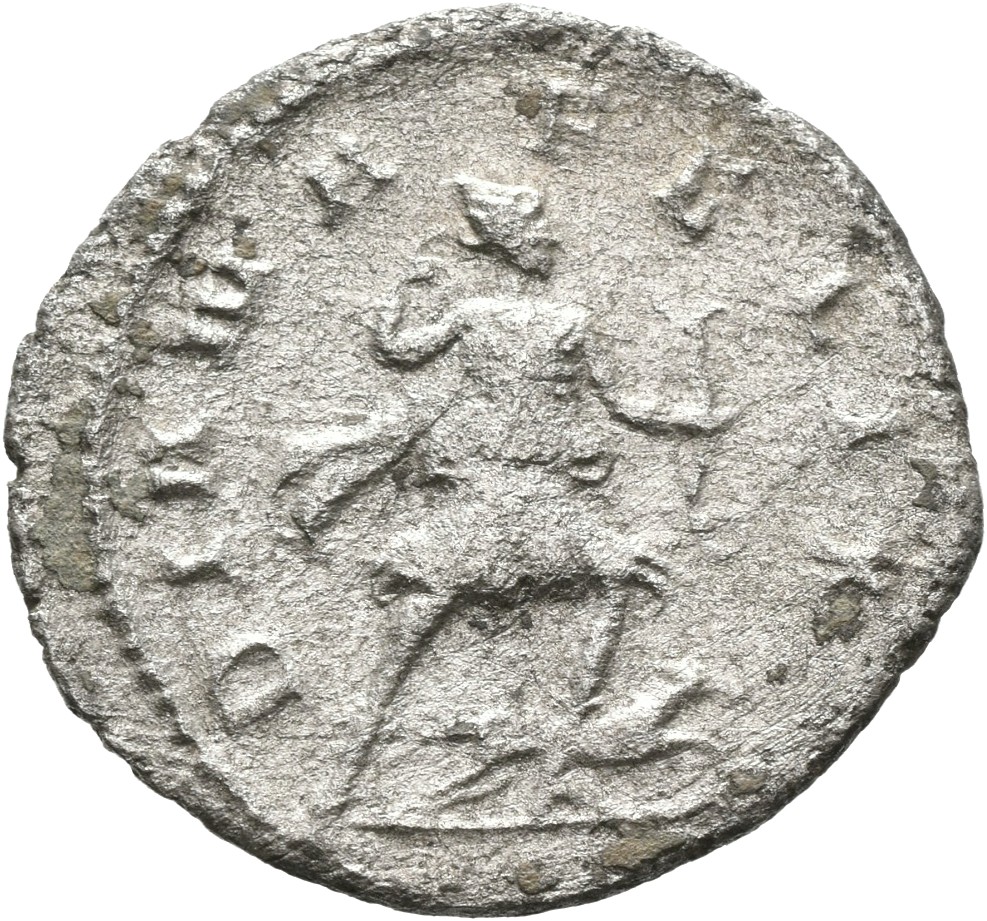 RIC V Gallienus (joint reign) 380l Valerian reverse, Diana, draped, walking right, drawing arrow with right hand and holdi...