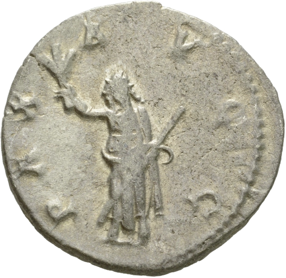 RIC V Gallienus (joint reign) 391c Valerian reverse, Pax, draped, standing left, holding olive-branch in right hand and sc...