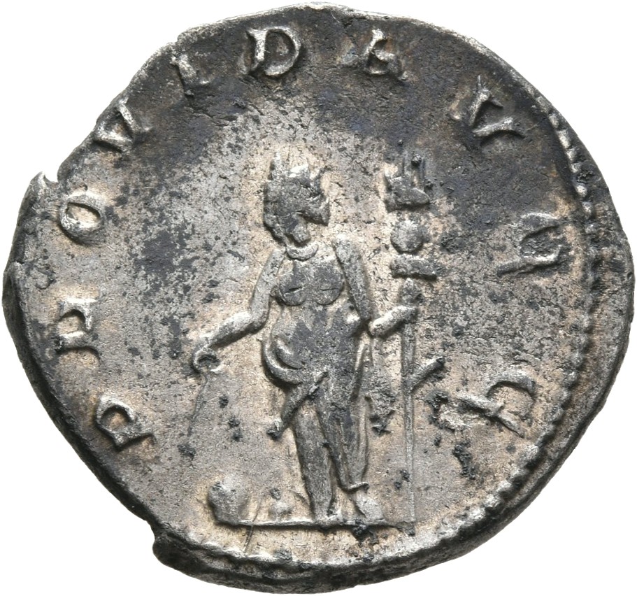 RIC V Gallienus (joint reign) 395 Valerian reverse, Providentia, draped, standing left, holding baton in right hand and co...