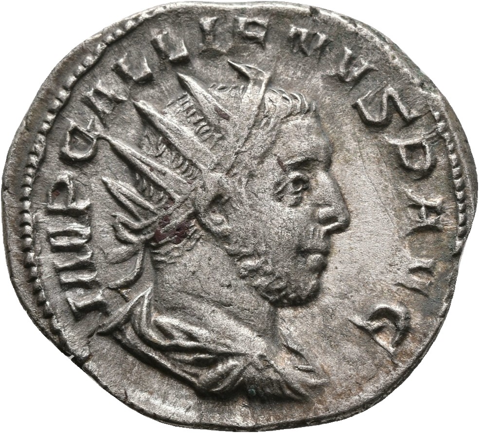 RIC V Gallienus (joint reign) 397c Valerian obverse, Bust of Gallienus, radiate, draped, cuirassed, right