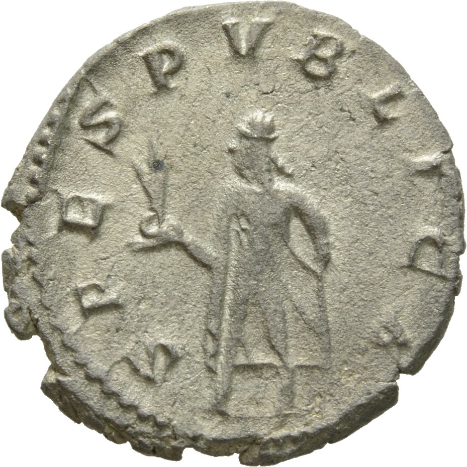 RIC V Gallienus (joint reign) 403c Valerian reverse, Spes, draped, walking left, holding flower in right hand and raising ...