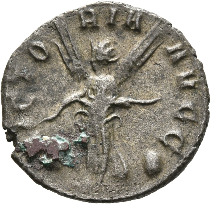RIC V Gallienus (joint reign) 405f Valerian reverse, Victory, winged, draped, standing between two shields holding unwound...