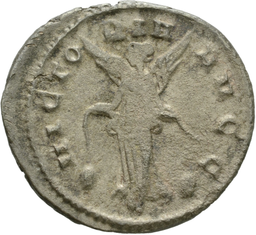 RIC V Gallienus (joint reign) 405l Valerian reverse, Victory, winged, draped, standing between two shields holding unwound...