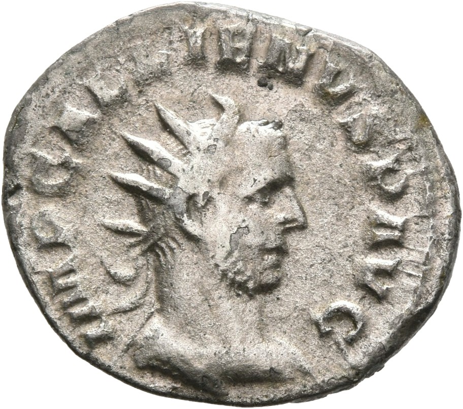 RIC V Gallienus (joint reign) 410 Valerian obverse, Drapierte Büste des Gallienus mit Strahlenkrone in der Brustansicht na...