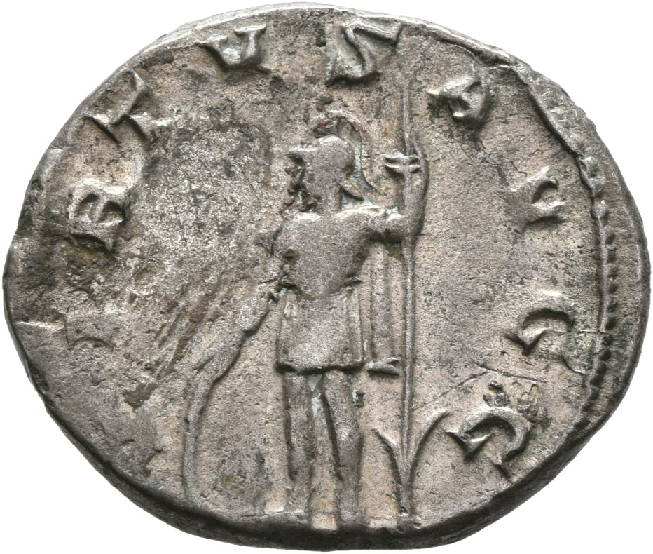 RIC V Gallienus (joint reign) 410 Valerian reverse, Soldier, helmeted, in military attire, standing left, resting right ha...