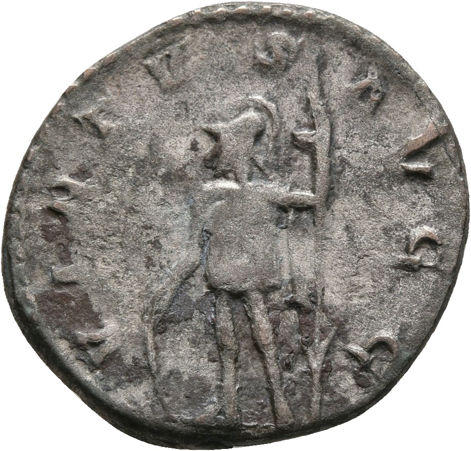 RIC V Gallienus (joint reign) 410f Valerian reverse, Soldier, helmeted, in military attire, standing left, resting right h...