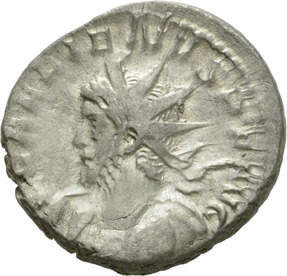 RIC V Gallienus (joint reign) 44(a) Valerian obverse, Bust of Gallienus, radiate, cuirassed, left, holding spear in right ...