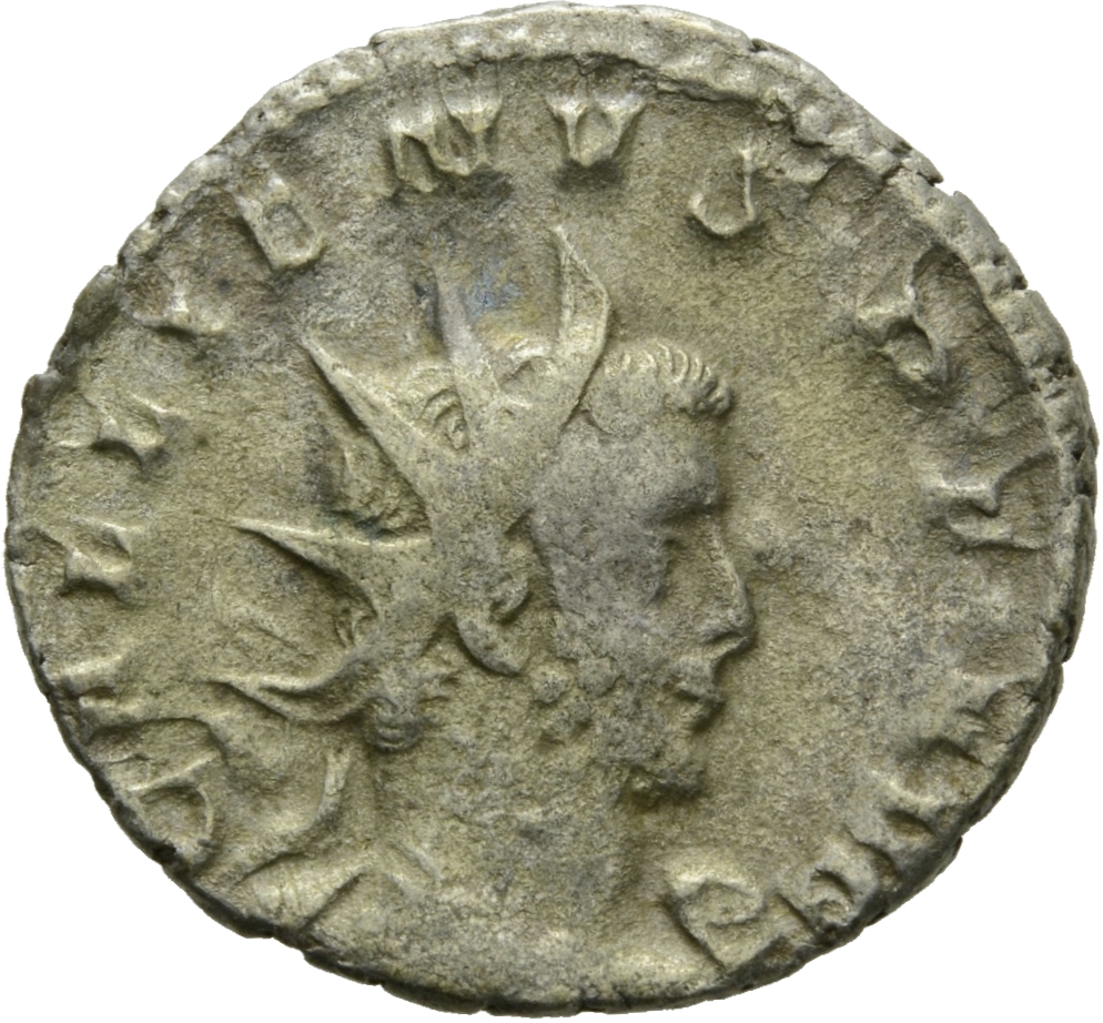 RIC V Gallienus (joint reign) 44 Valerian obverse, Drapierte Panzerbüste des Gallienus mit Strahlenkrone in Brustansicht n...