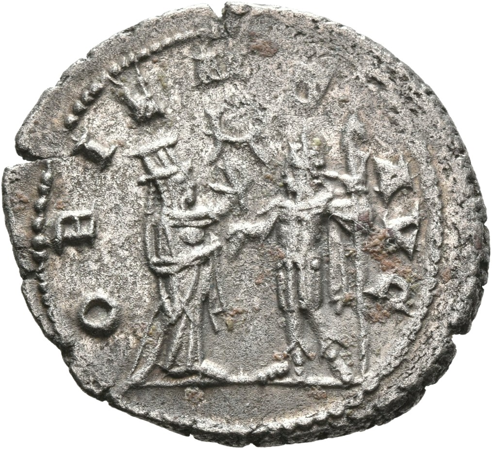 RIC V Gallienus (joint reign) 445 Valerian reverse, Gallienus, standing left, holding spear in right hand and receiving wr...