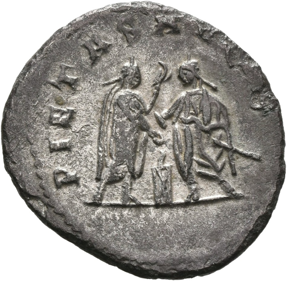 RIC V Gallienus (joint reign) 446 Valerian reverse, Gallienus and Valerian, standing face to face, sacrificing at altar; r...