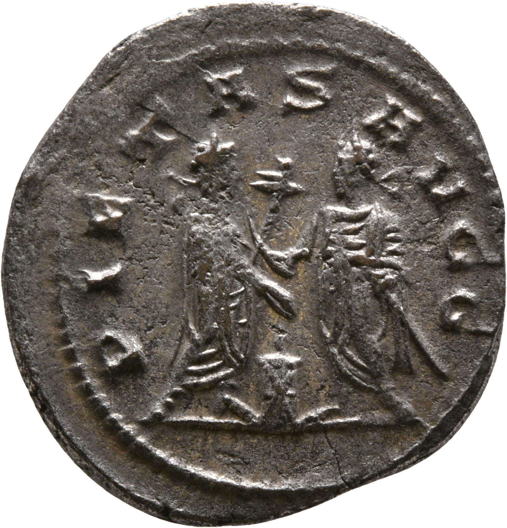 RIC V Gallienus (joint reign) 447 Valerian reverse, Gallienus and Valerian, standing face to face, sacrificing at altar; r...