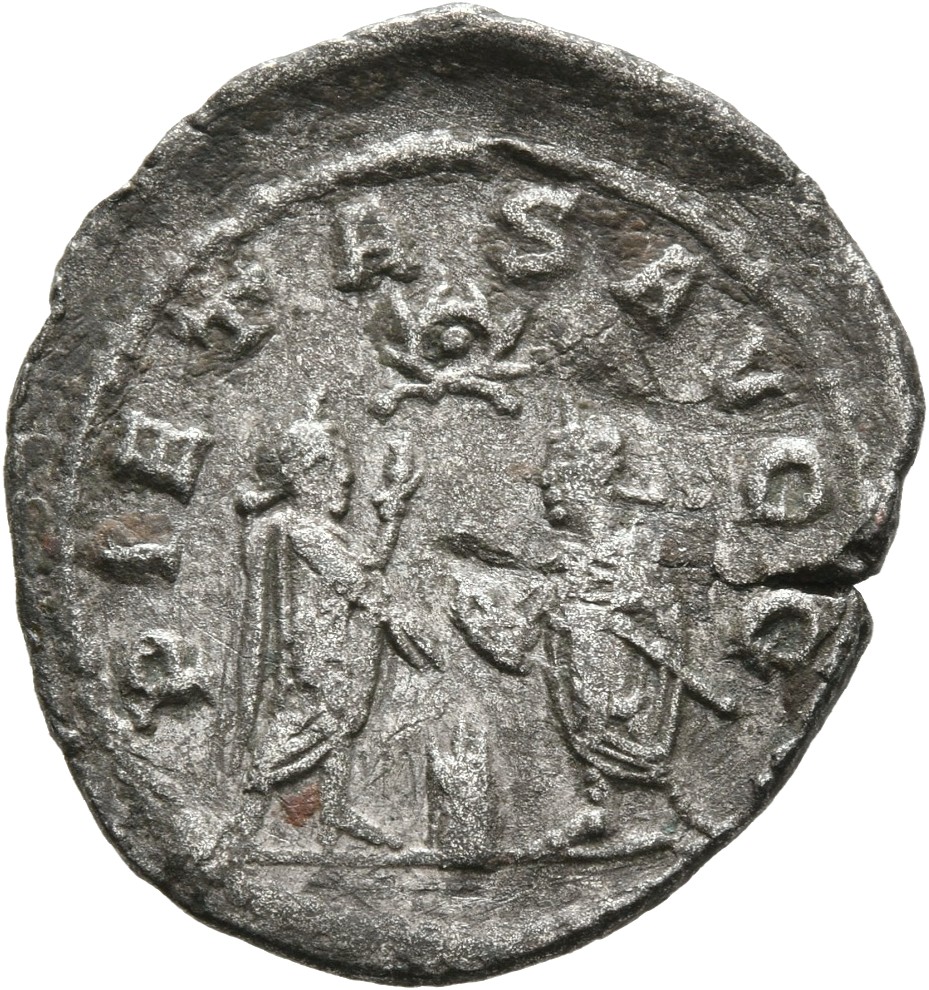 RIC V Gallienus (joint reign) 447a: Subtype 3 Valerian reverse, Gallienus and Valerian, standing face to face, sacrificing...