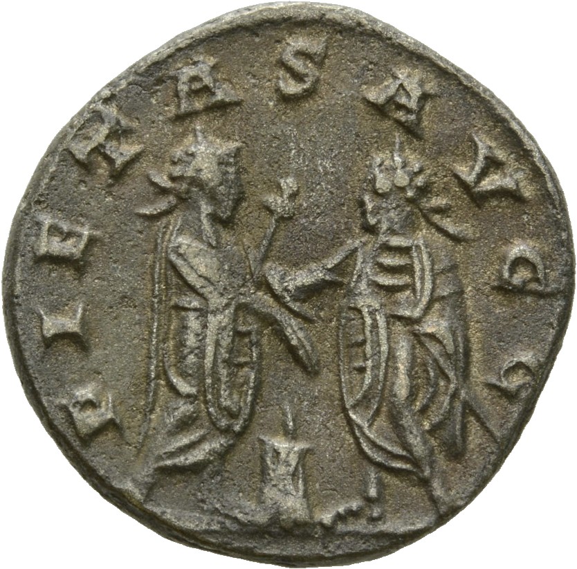 RIC V Gallienus (joint reign) 447a Valerian reverse, Gallienus and Valerian, standing face to face, sacrificing at altar; ...