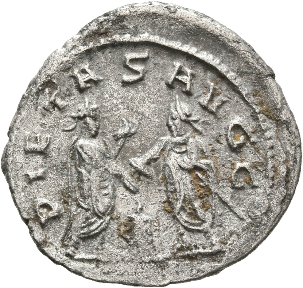 RIC V Gallienus (joint reign) 447a Valerian reverse, Gallienus and Valerian, standing face to face, sacrificing at altar; ...