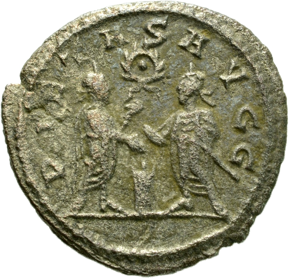 RIC V Gallienus (joint reign) 447c: Subtype 3 Valerian reverse, Gallienus and Valerian, standing face to face, sacrificing...