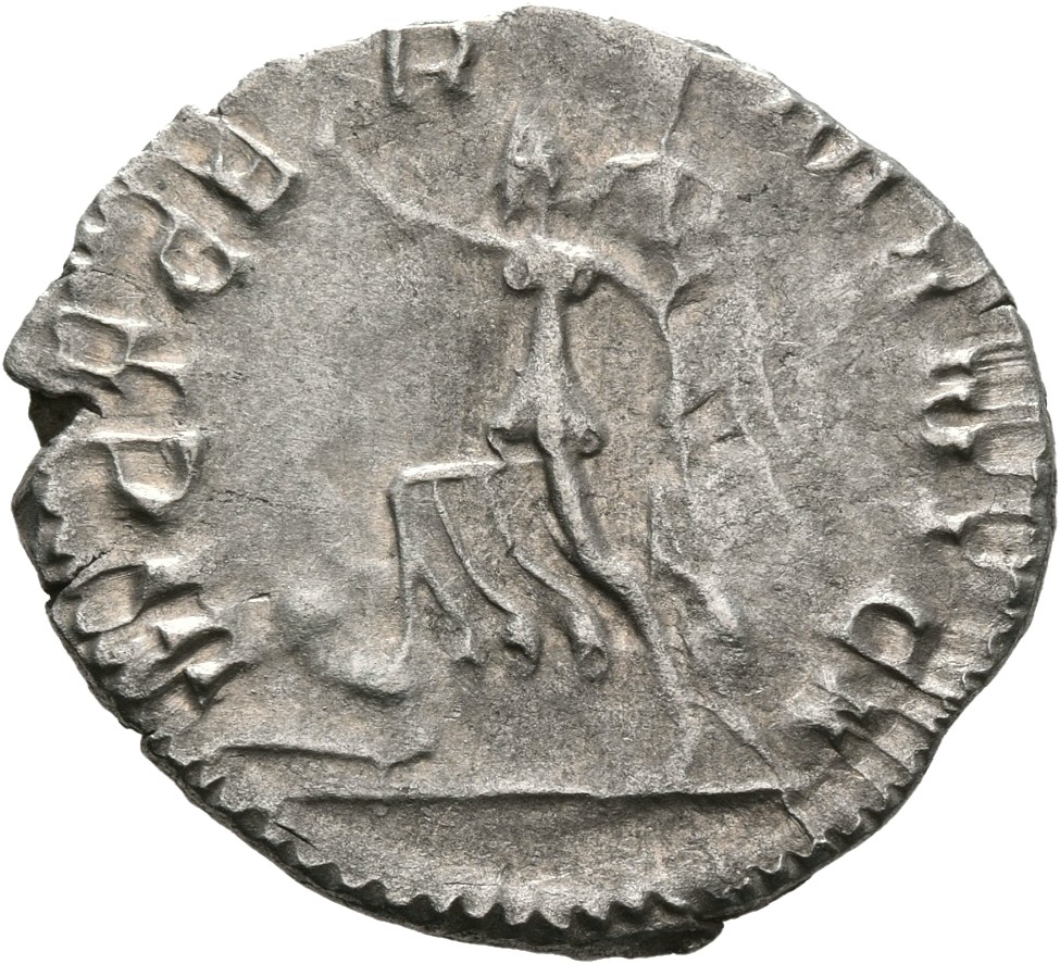 RIC V Gallienus (joint reign) 44c Valerian reverse, Victory, winged, draped, running left, holding wreath in right hand an...
