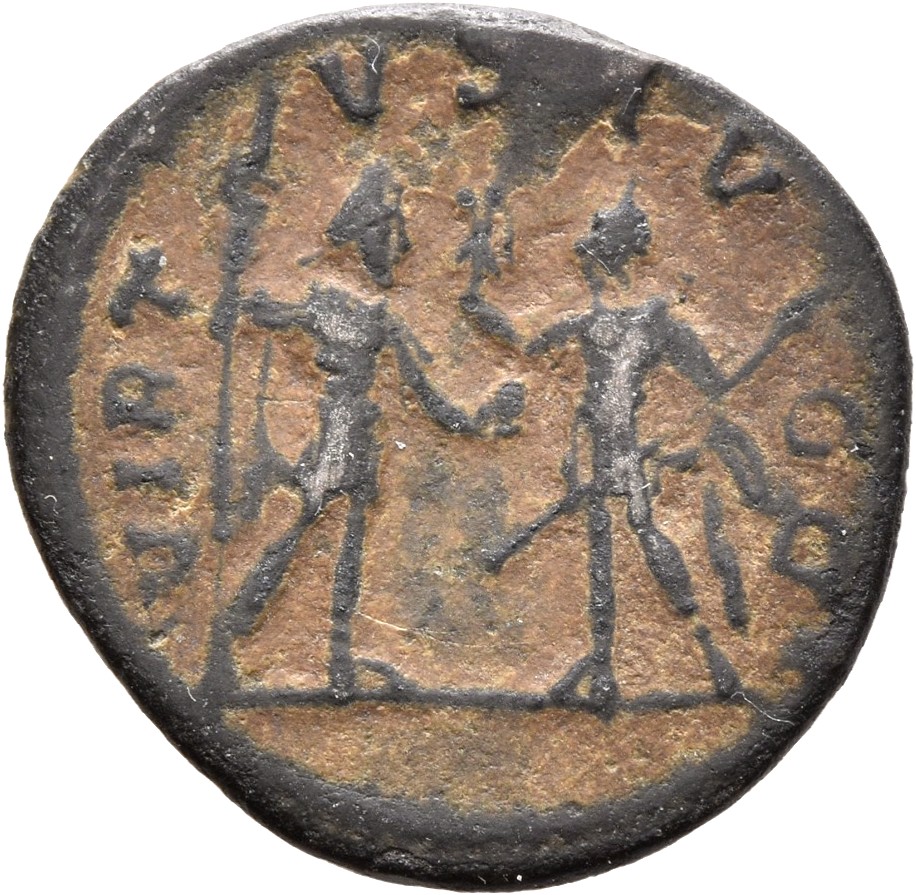 RIC V Gallienus (joint reign) 455a Valerian reverse, Gallienus and Valerian, in military attire, standing face to face, on...