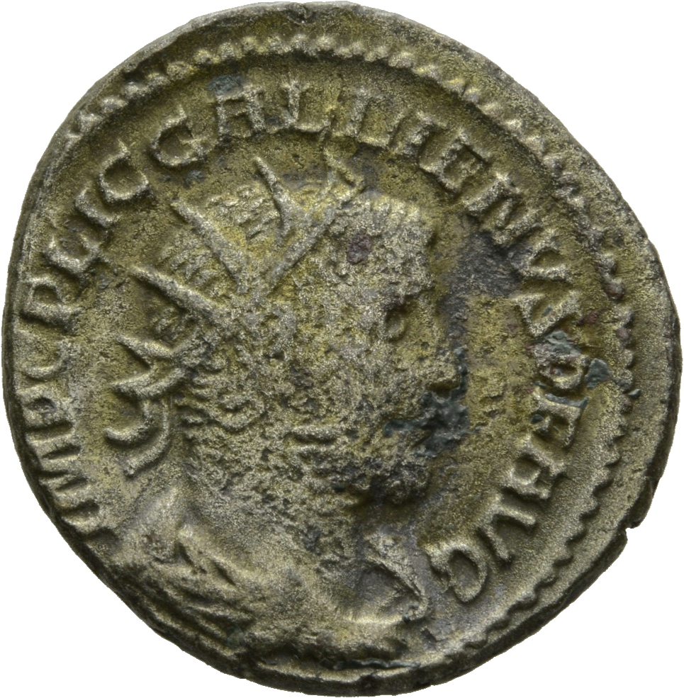 RIC V Gallienus (joint reign) 456 Valerian obverse, Drapierte Panzerbüste des Gallienus mit Strahlenkrone in Rückenansicht...